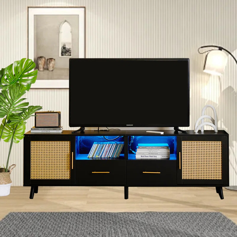 Bay Isle Home™ Heyer Large Wood Rattan TV Stand for TVs up to 75" with LED Light and Charging Station, Coastal Media Console Table, Multimedia Storage Furniture with 2 Drawers, Lighting TV Cabinet