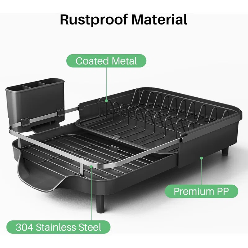 Fabhob Expandable Dish Rack for Kitchen Counter, Stainless Steel Dish Drainer with Drainboard Set and Utensil Holder