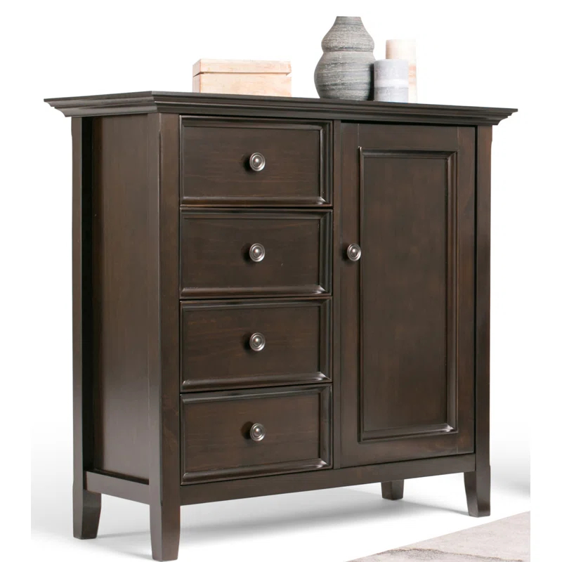 Simpli Home Amherst 32"W Solid Wood 2-Shelf Low Storage Cabinet with Adjustable Shelves and Tapered Legs