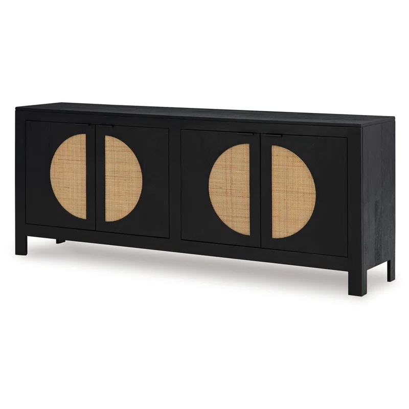 Benjara Sideboard Cabinet Console, 4 Doors Woven Cane, 70 Inch Black And Brown