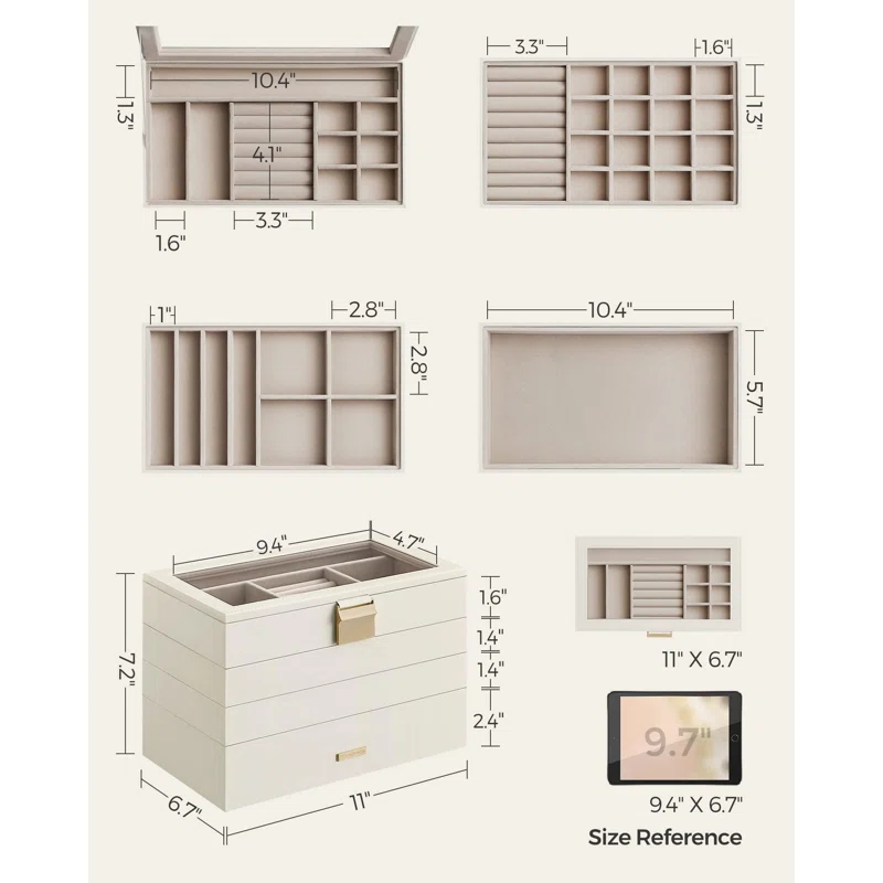 Latitude Run® Stackable Jewelry Trays, 4-Tier Jewelry Box, Drawer Jewelry Organizer, With Glass Lid, Removable Dividers, For Vanity Table, 6.7 X 11 X 7.2 Inches, Cloud White