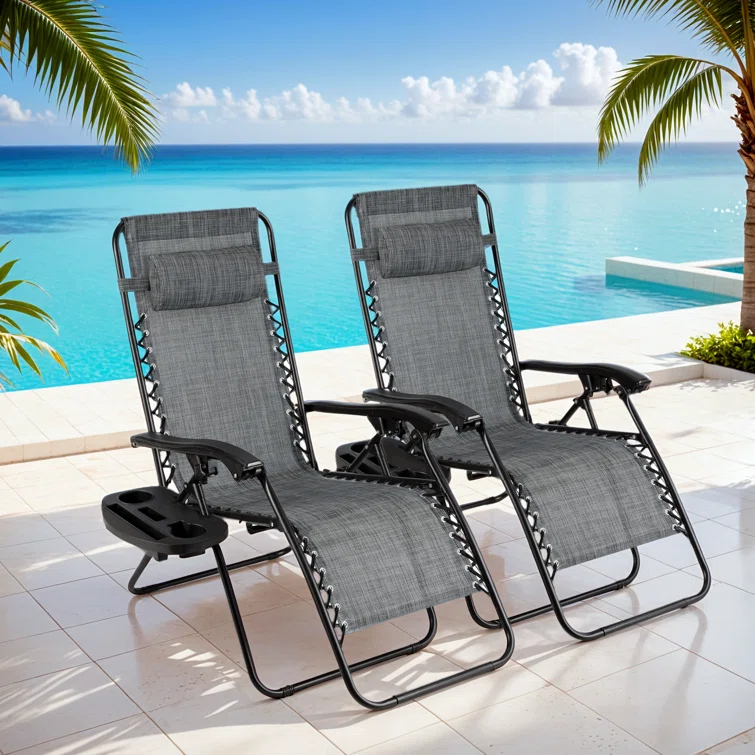 Arlmont & Co. Zero Gravity Chair Set of 2, Outdoor Folding Lounge W/Detachable Headrest & Holder Tray, Adjustable Textilene Lawn Reclining, No Assembly Required, for Patio, Backyard, Garden, Poolside,