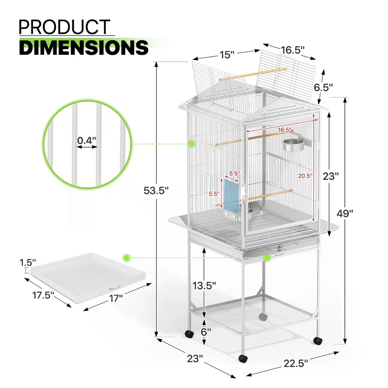 Bring Home Furniture Open Top Bird Cage with Play Area Removable Tray Wooden Perches, and Wheels Suitable for Small Birds Like Budgies Cockatiels and Parakeets