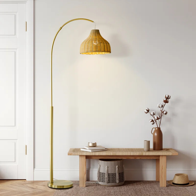 Brightech Lark 75 in. Weighted Base LED Arched Standing Floor Lamp with Boho Rattan Shade