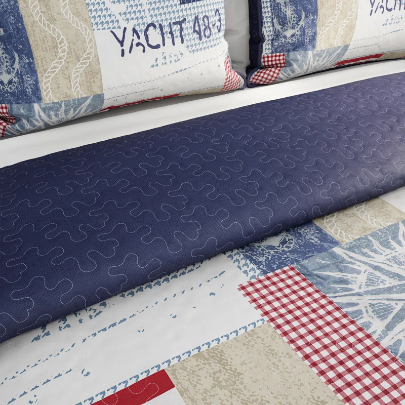 Quilt Set - Nautical Americana Patchwork Print All-Season Soft Microfiber Bedding with Pillow Sham