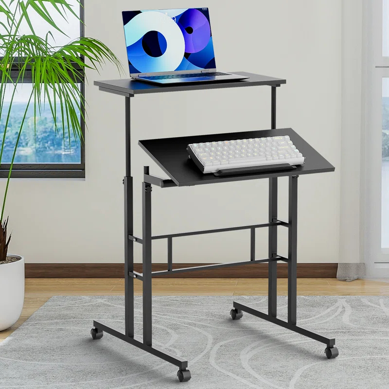 MoNiBloom Mobile Computer Desk, Adjustable Height Laptop Standing Desk with Tilting Tabletop and Monitor Shelf