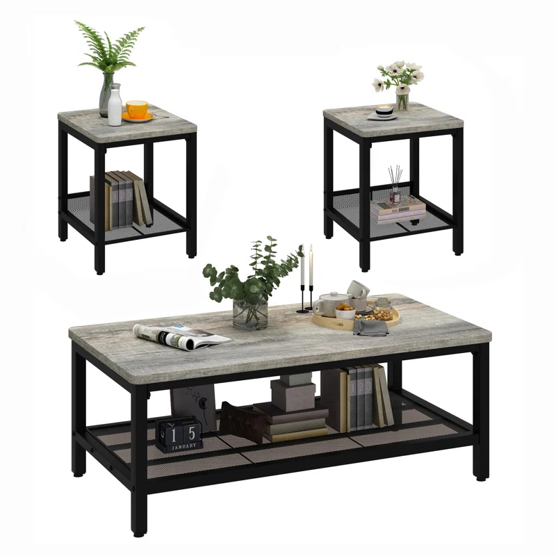 17 Stories Industrial Metal Frame  3 - Piece Living Room Table Set With Two Side Table