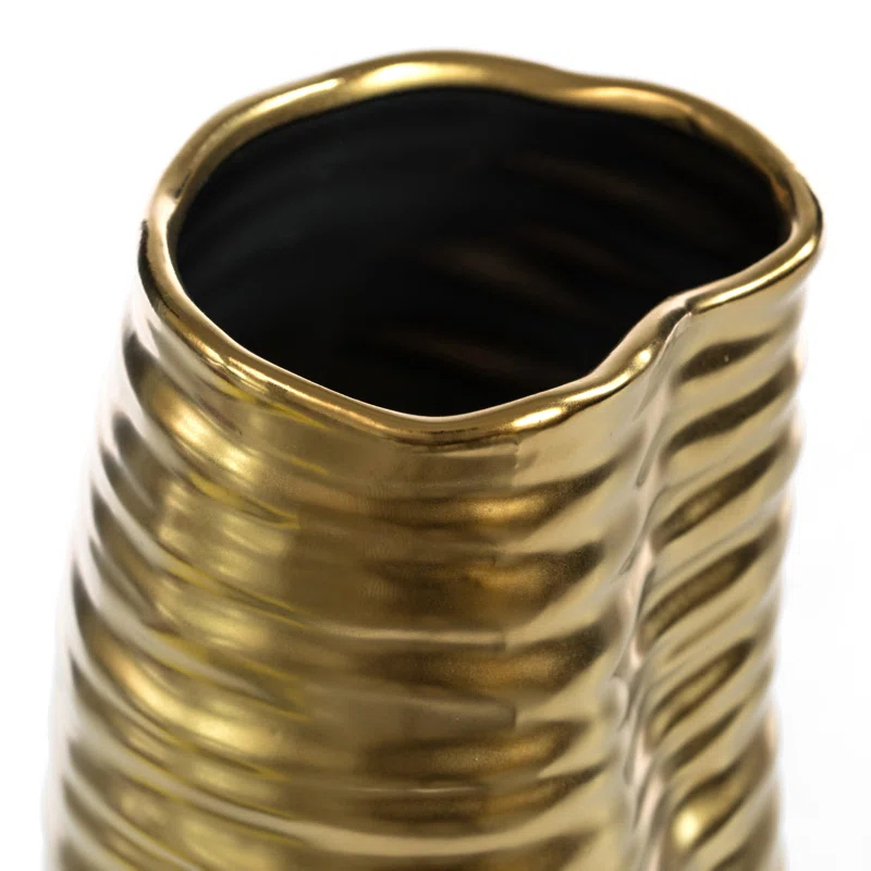 Mercer41 Baftjar 9-Inch Tall Ceramic Bent Melted Modern Style Sculpture Table Centerpiece Flower Vase, a Unique and Decorative Vase in an Elegant Gold Finish, Perfect for Adding Sophistication to Home or Office Décor
