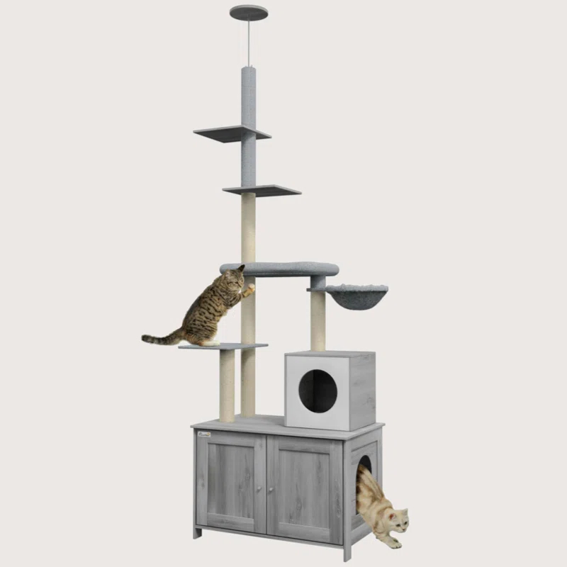 Tucker Murphy Pet™ Cat Tree With Litter Box Enclosure, 2 In 1 Floor To Ceiling Cat Tower Litter Box Furniture With Condo, Bed, Hammock, Scratching Posts, And Platforms For Indoor Use