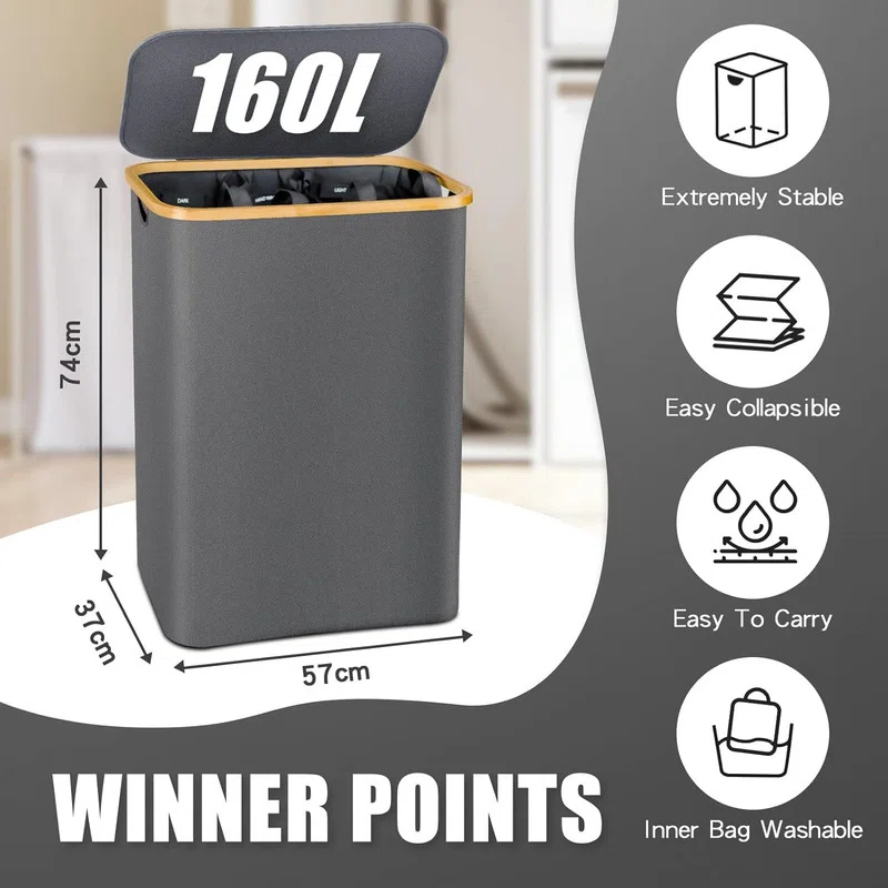 JASODI Laundry Hamper with Lid, 160L Extra Large Laundry Basket 3 Section Dirty Clothes Hamper for Laundry with Removable Laundry Bags