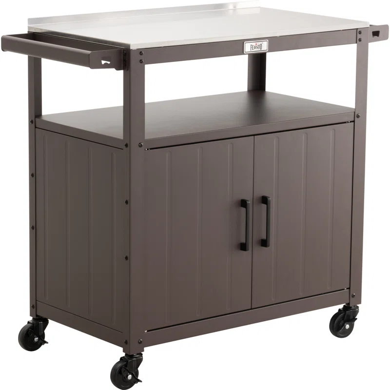 Feasto Feasto Outdoor Grill Cart with Stainless Steel Tabletop and Storage Cabinet, Movable Kitchen Island with Wheels for BBQ Food Prep