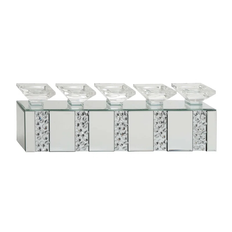 Mercer41 Glass Pillar 5 Plate Decorative Silver Candelabra with Mirrored Accents and Crystals