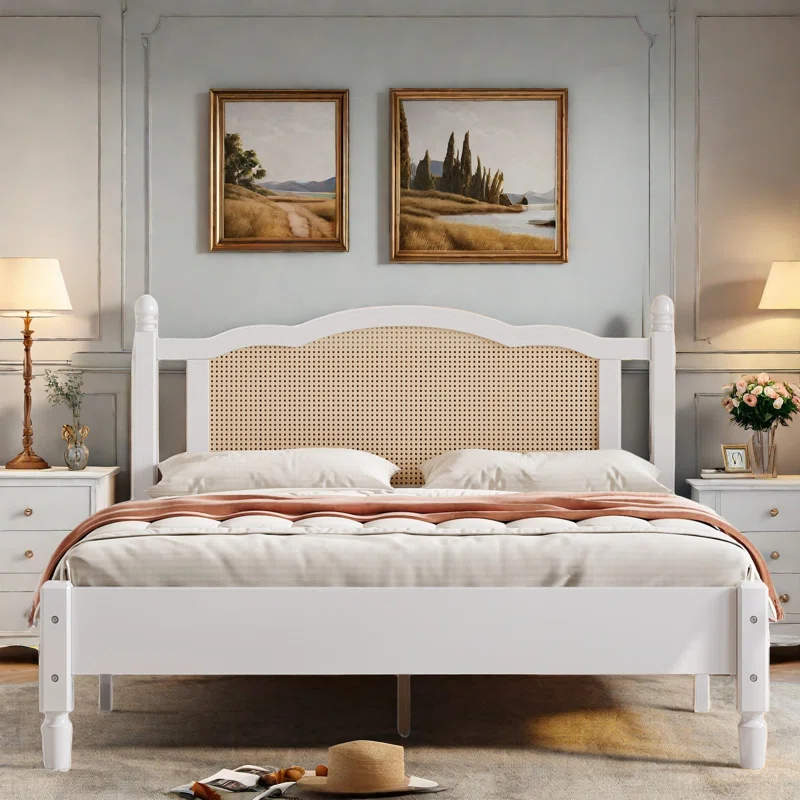 Velvetvanguards Bohemian Wooden Platform Bed With Natural Rattan Headboard And Arc Design
