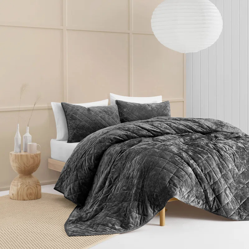 Wonderful Textile Wonderful Velvet & Flannel Quilt Set, Diamond Quilting Lightweight Comforter with Pillow Shams, Holiday Gift