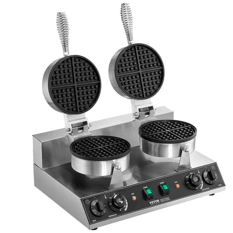 VEVOR Commercial Waffle Maker Dual-Head Round Waffle Iron 2460W Non-Stick