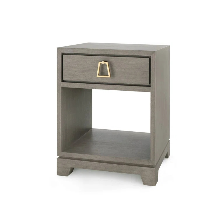 Taupe Gray Wood End Table with Gold Hardware and Storage