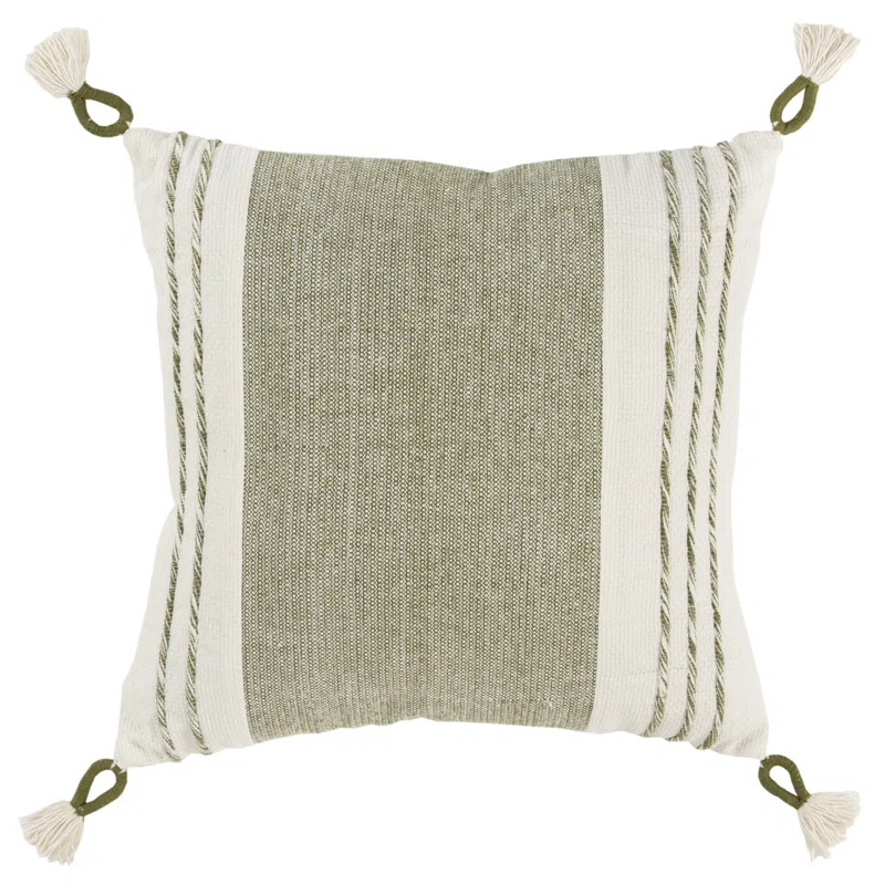 Moss Green and White Cotton Square Decorative Pillow with Tassels
