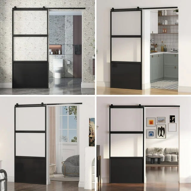 TREEBLING 84" Metal and Glass Sliding Barn Door with Two-Way Soft Close and Installation Hardware Kit
