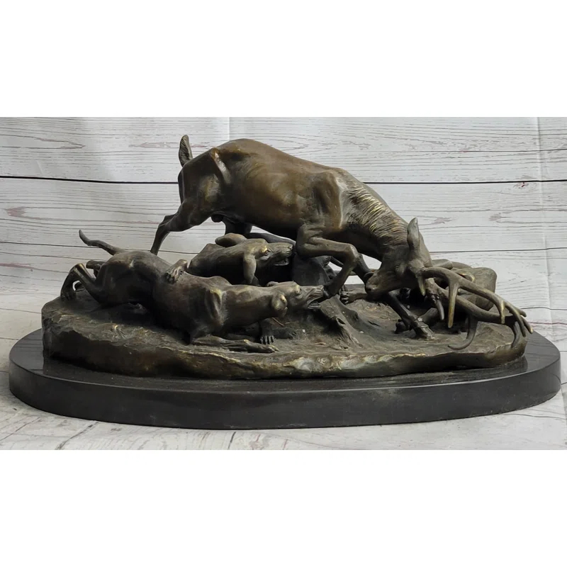Red Barrel Studio® Sherrie Elk Stag Is Attacked By Pack Of Wild Dogs Bronze Sculpture Statue Antoine Barye Art Decor
