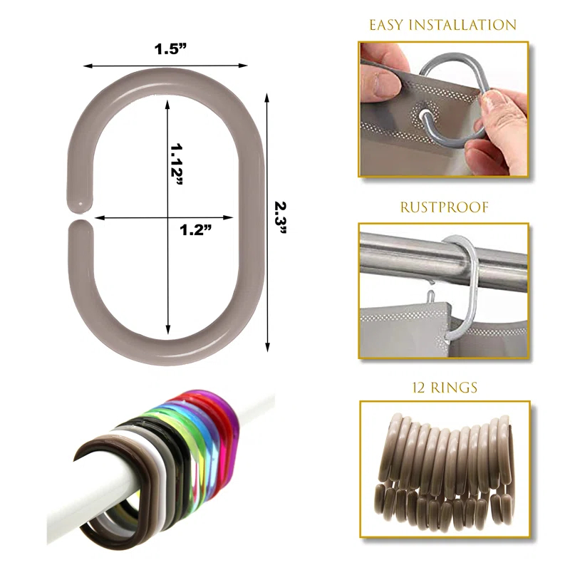 Evideco Solid Plastic Shower Curtain Hooks Rings (Set of 12)