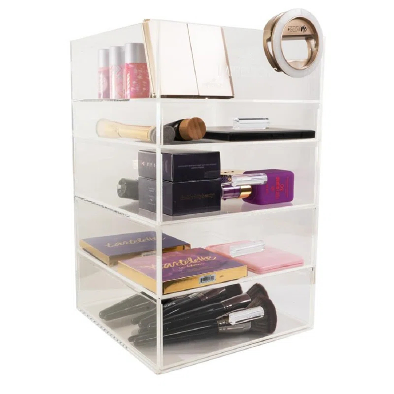 IMPRESSIONS VANITY · COMPANY 5 Tier Acrylic Makeup Organizer with Open Top Elegant Cosmetic Holder with Four Slide Drawer Tiers