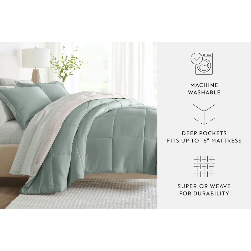 IEnjoy Home 7-Piece Reversible Bedding Bundle - Solid Comforter and Patterned Sheet Set