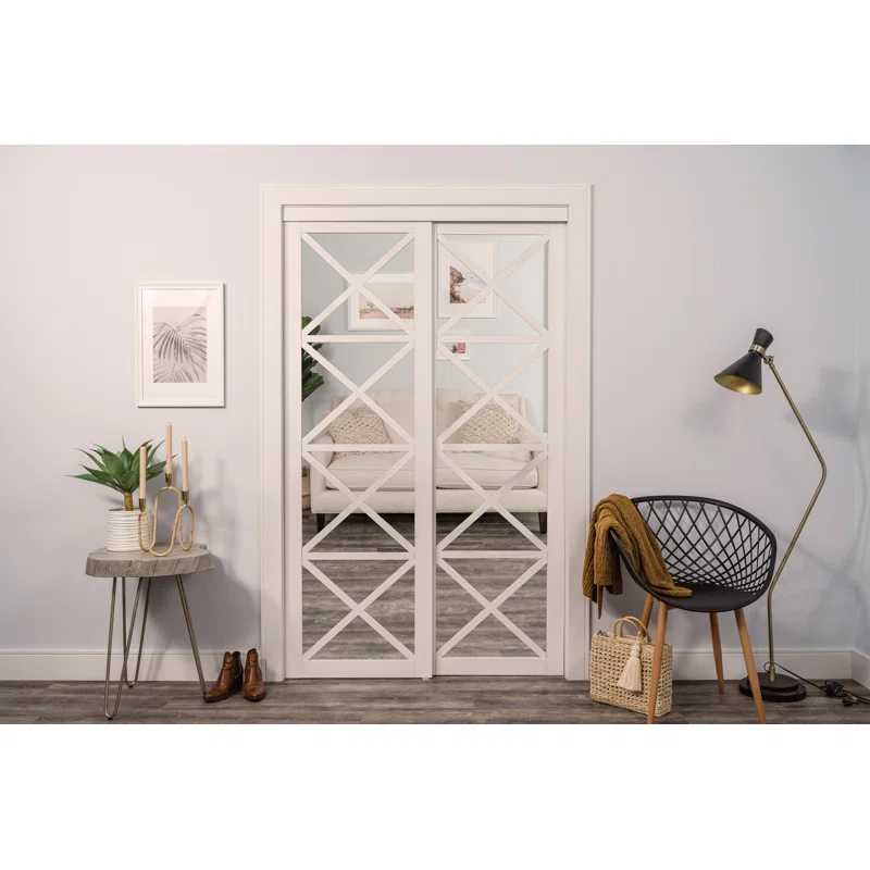 Renin Lace 80'' Solid + Manufactured Wood Mirrored Low-Gloss Sliding Closet Doors