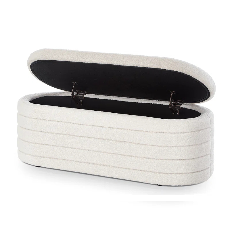 Modern Oval Storage Ottoman Bench, Upholstered Boucle Teddy Fabric End Of Bed Bench With Storage, End Of Bed Stool With Safety Hinge For Bedroom, Living Room, Entryway