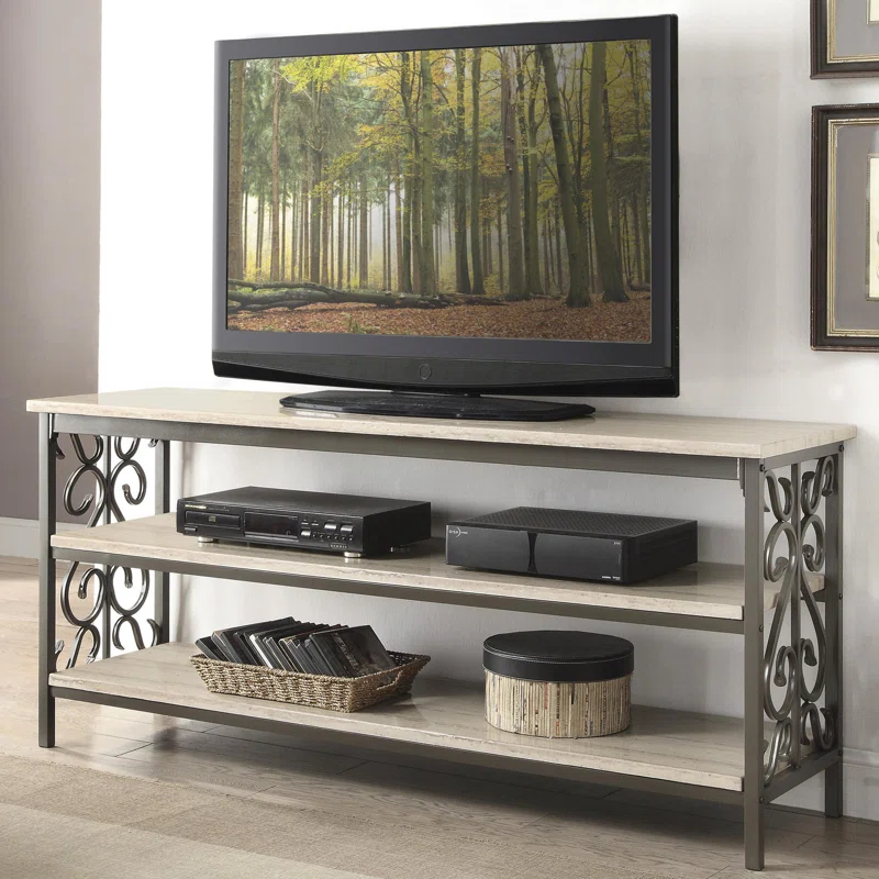 Red Barrel Studio® TV Stand Faux Marble Top and Shelves Living Room Furniture 1pc, Black Metal Finish TV Console Table/Sofa Table