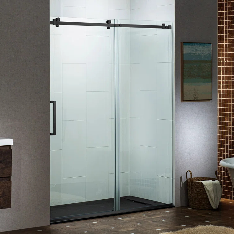 WoodBridge Semi-Frameless Single Sliding Shower Doors, 56-60" W X 76" H With 5/16" Clear Tempered Glass And Explosion-Proof Film MSDF6076-MBL