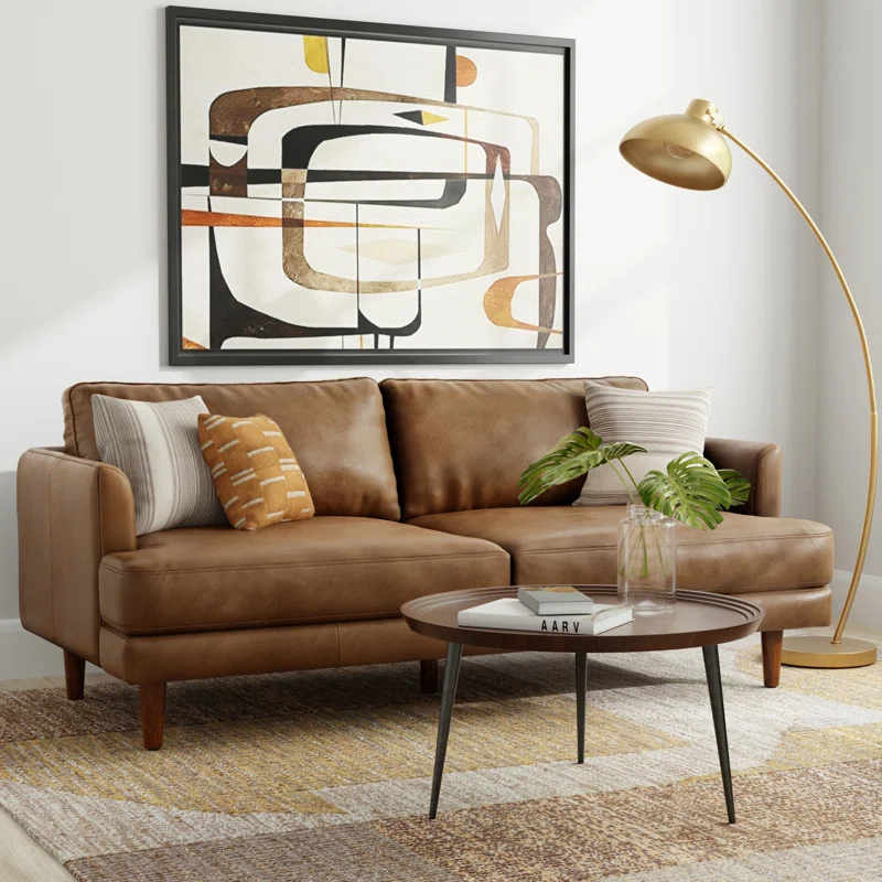 Simpli Home Livingston Top Grain Genuine Leather Mid-Century Modern Sofa With Solid Wood Frame For Living Room