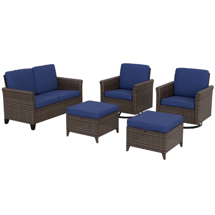 EAGLE PEAK 5-Piece Spacious Seating Swivel Chair Seating Group Patio Multi-brown Wicker Rattan Loveseat Sofa Set with Cushions