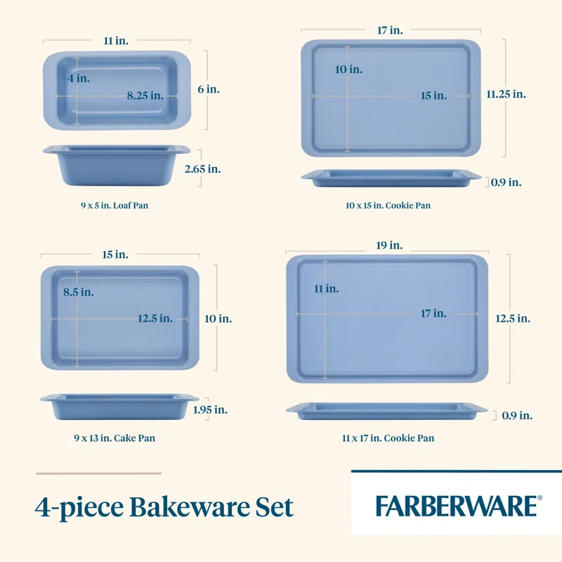 Farberware Easy Solutions Nonstick Bakeware Set, Two Cookie  Pans, Loaf Pan / Bread Pan, Cake Baking Pan, 4 Piece, Blue