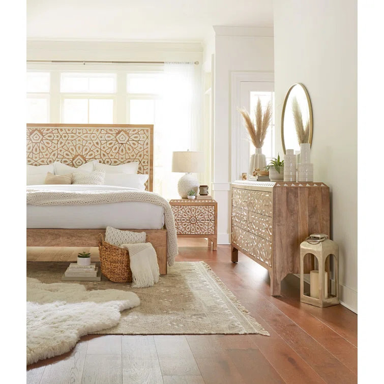 Natural White Mango Wood Queen Bed with Carved Headboard