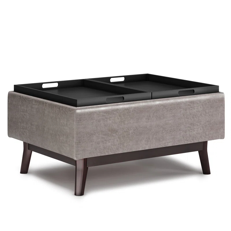 Simpli Home Owen 34"W Small Upholstered Coffee Table Storage Ottoman with Flip-Over Tray Top and Solid Wood Legs