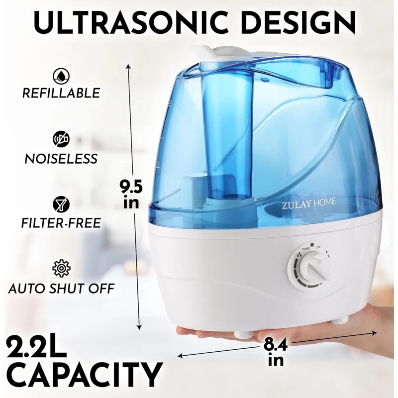 Zulay Kitchen Zulay Home Cool Mist Humidifiers For Bedroom (2.2L Water Tank) - Quiet Ultrasonic Humidifiers For Large Room With Auto Shutoff Feature - Air Humidifier For Plants, Nursery, Kids Room (Gray)