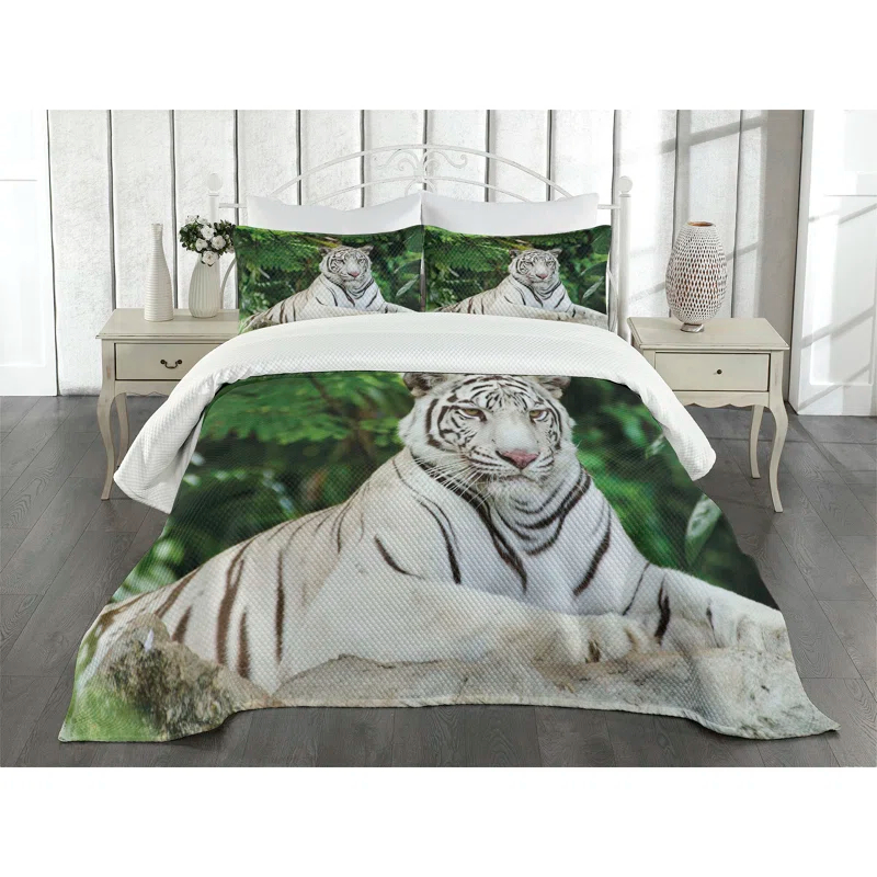 Ambesonne Ambesonne Tiger Bedspread Set Albino Bengal Cat on Rock Fern Green White