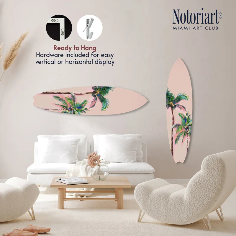 Notori Art Coastal Palm Coral Surfboard Acrylic Coastal Wall Art by Notoriart