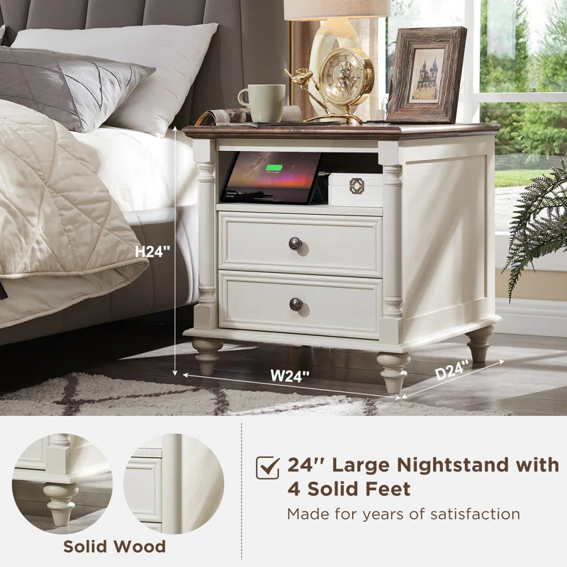OKD Rushville Farmhouse 2 - Drawers Nightstand with Charging Station, Tall Rustic Wood Square End Table with Open Shelf