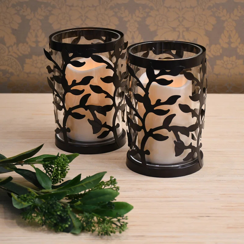 The Holiday Aisle® Black Vine Hurricanes with LED Candles (Set of 2)