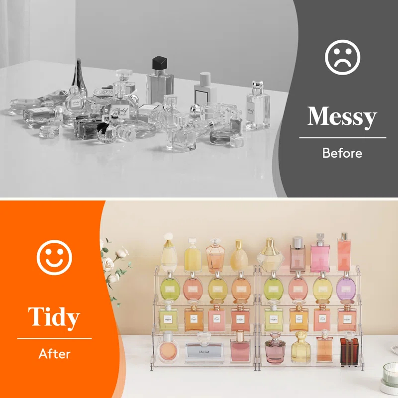 Lifewit 4 Tier Clear Display Risers Stand With Decorative Fences, Plastic 12 Inch Perfume Organizer, Display For Figures, Cupcake, Dessert, Desktop Stand For Organization And Decor, 1 Pack