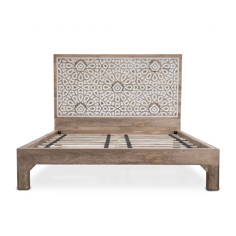 Natural White Mango Wood Queen Bed with Carved Headboard
