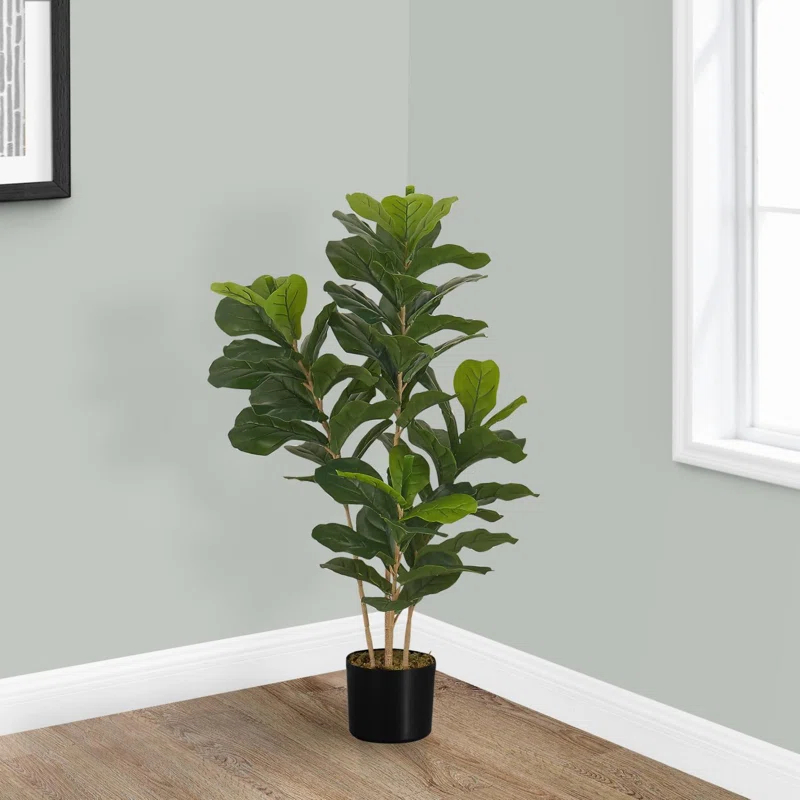 Primrue Fiddle Lifelike Tree, Indoor,Greenery, Potted, Real Touch, Decorative, Green Leaves, Black Pot