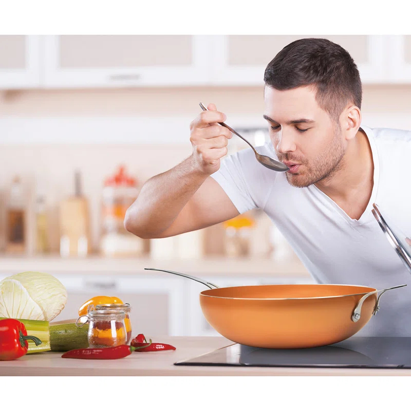 Master Pan Masterpan Chef's Wok & Glass Lid, Copper Color Ceramic Non-Stick Coating, 12"