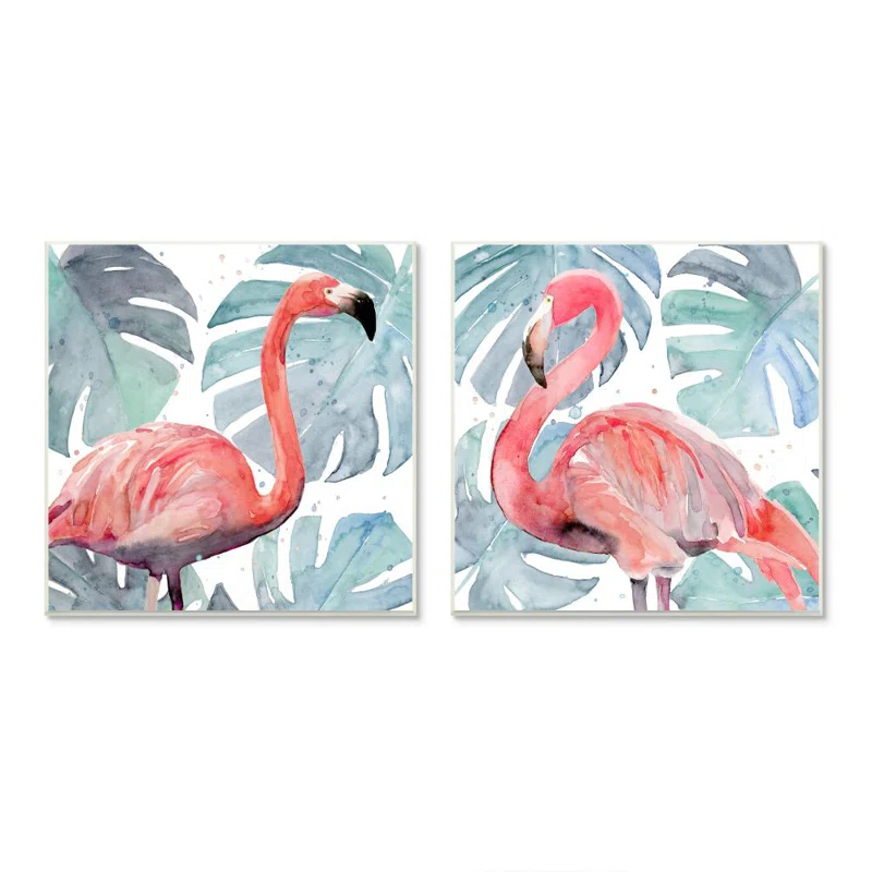 Stupell Industries " Tropical Flamingos With Green Monstera Plants " by Annie Warren 2 - Pieces