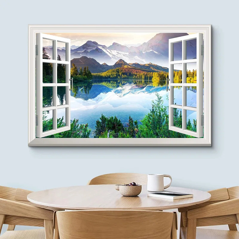 IDEA4WALL Window Scenery Green Peaceful Lake Natural Landscape Photography Pictures Canvas Print Wall Art