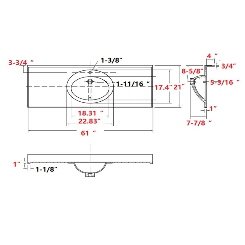 61 Inch Cultured Marble Vanity Top with Backsplash, Improved Package, White