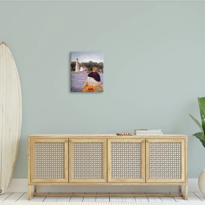 Stupell Industries " Woman At Shoreline Coast Lighthouse Realistic Nautical " Painting Print