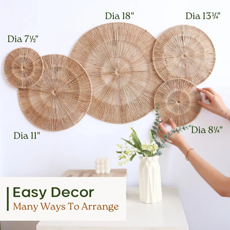 18 Inch Wicker Jute Wall Decor, Set Of 5 Large Woven Jute Wall Plates, Large Decorative Baskets For Wall Arts, 18", 14", 11", 8", 7", Farmhouse Wall Hanging For Bedroom, Living Room