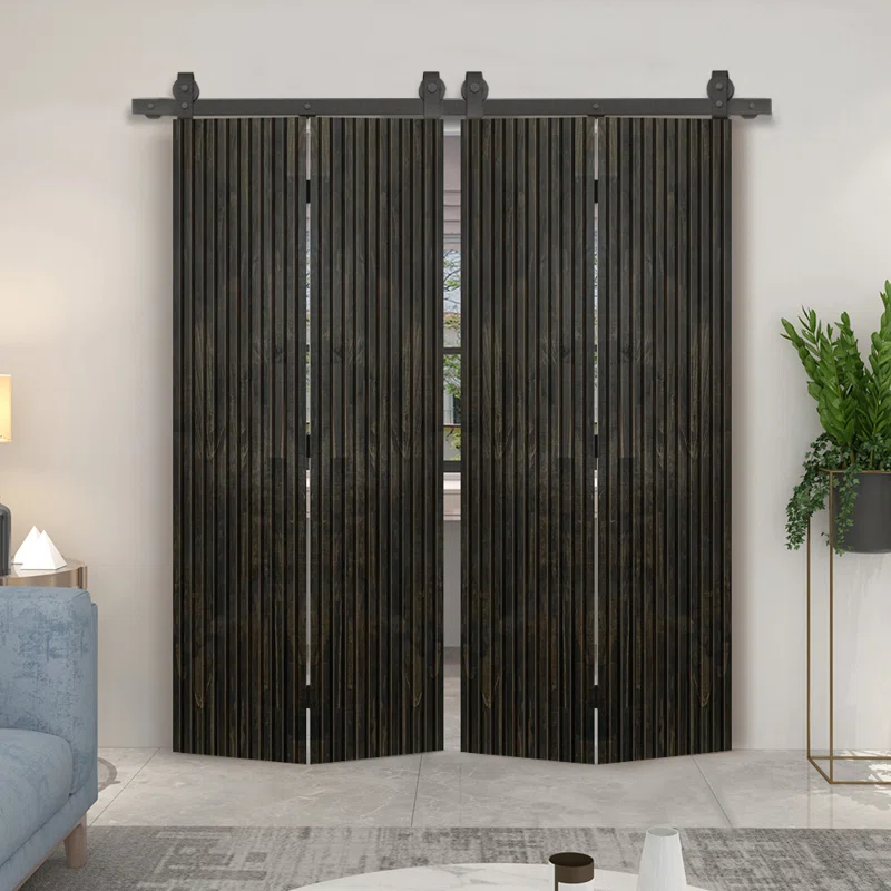 Calhome Japanese Series Stained Pine Wood Bi-Fold Barn Door with Sliding Hardware Kit